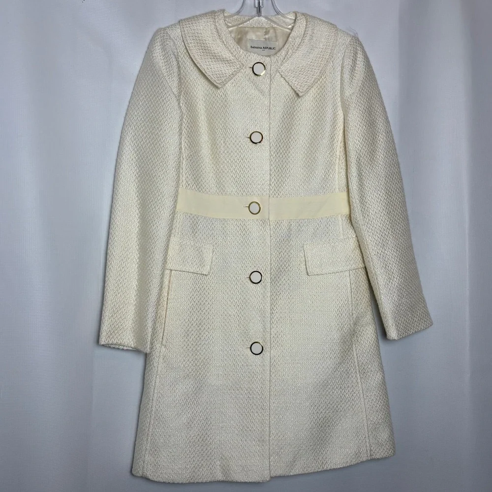 Banana Republic Ivory Tweed Coat Peter Pan‎ Collar Bow Back Womens S Twee 2010s